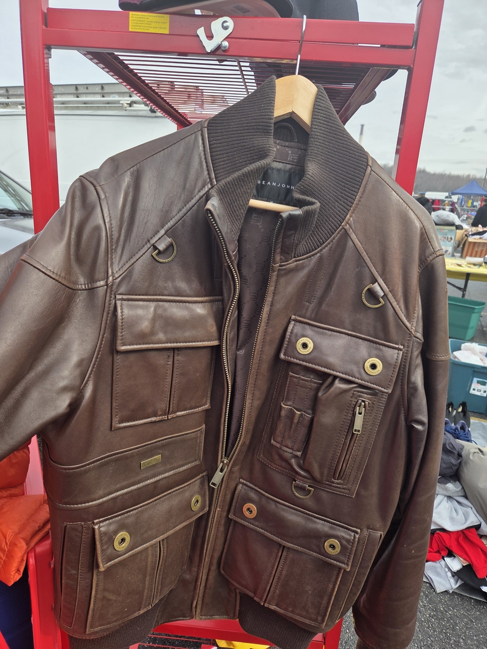 Sean John Brown Military-Style Leather Field Jacket